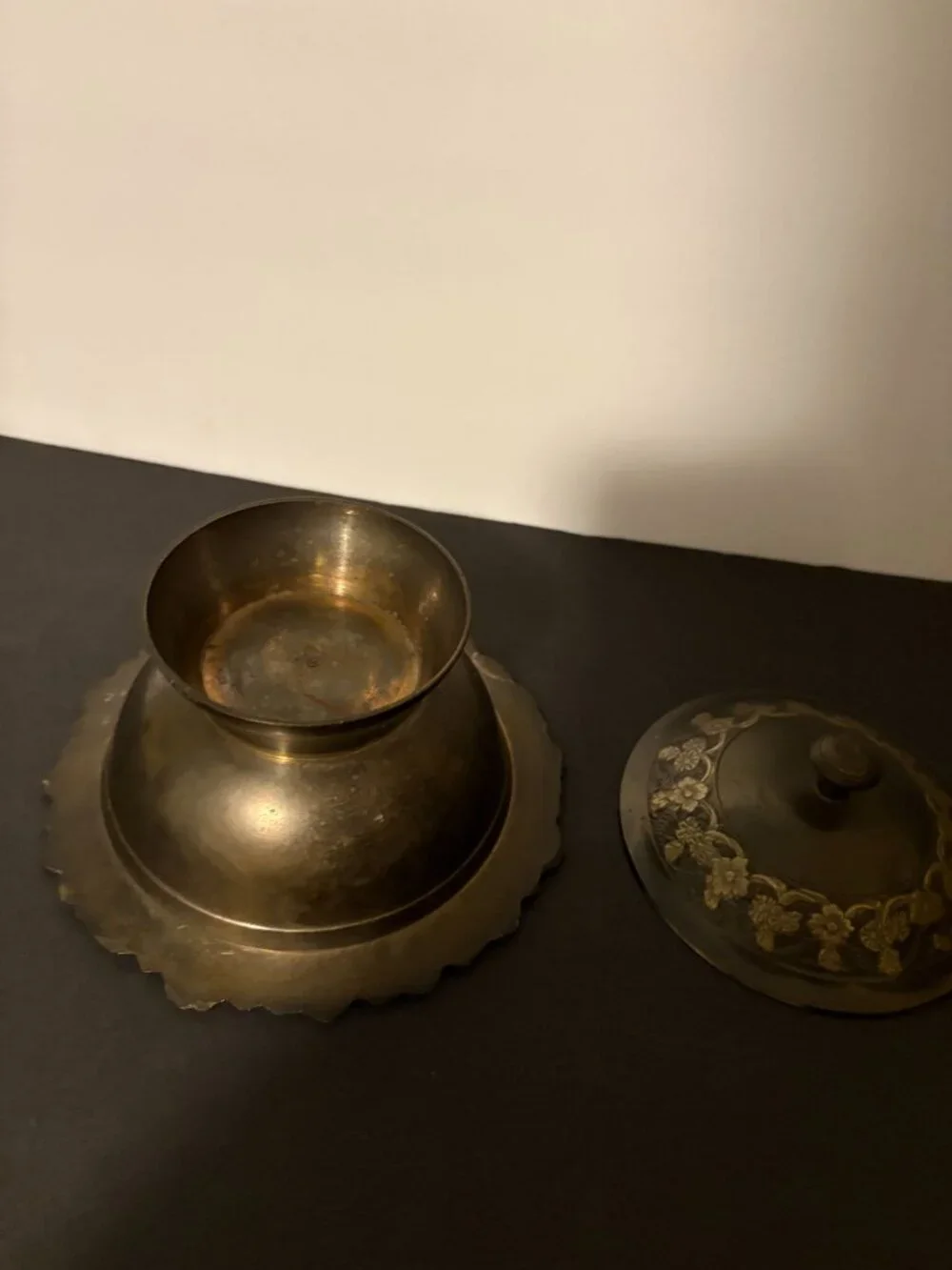 Vintage Black and Gold Enameled Embossed Brass Covered Tooted Dish